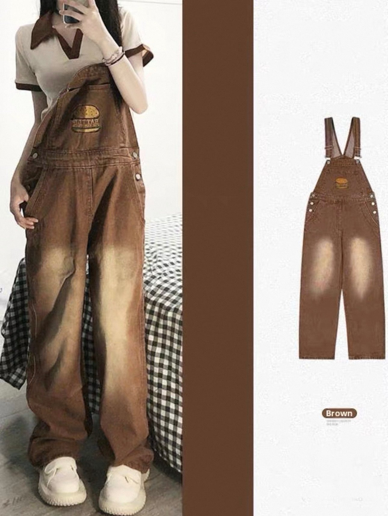 Brown denim overalls worn by a person, with a close-up on a white background.