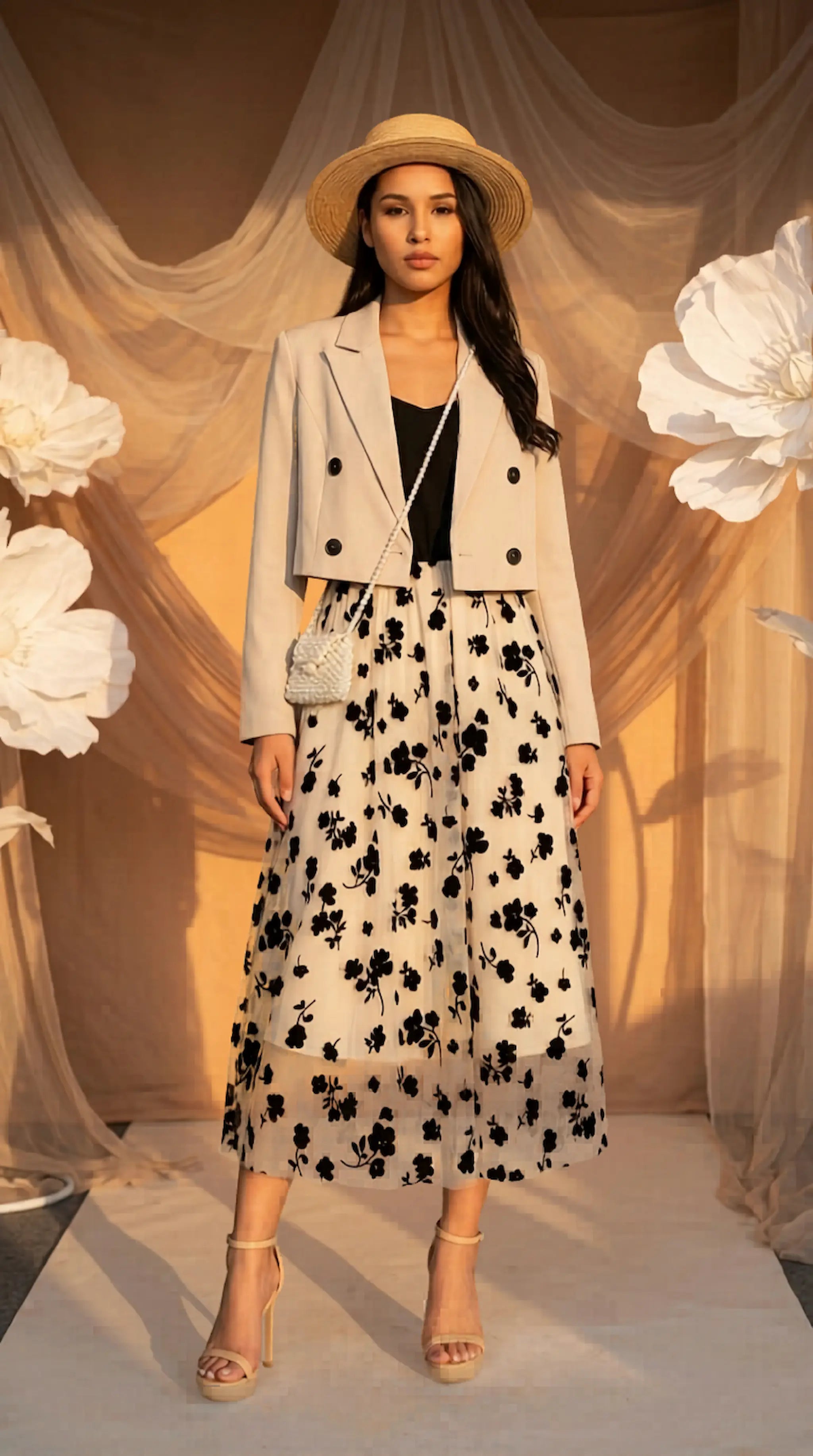 Woman in a stylish outfit with a floral skirt and beige jacket standing against a decorative backdrop.