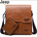Brown leather bag with Jeep branding on a white background