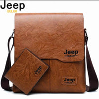 Brown leather bag with Jeep branding on a white background