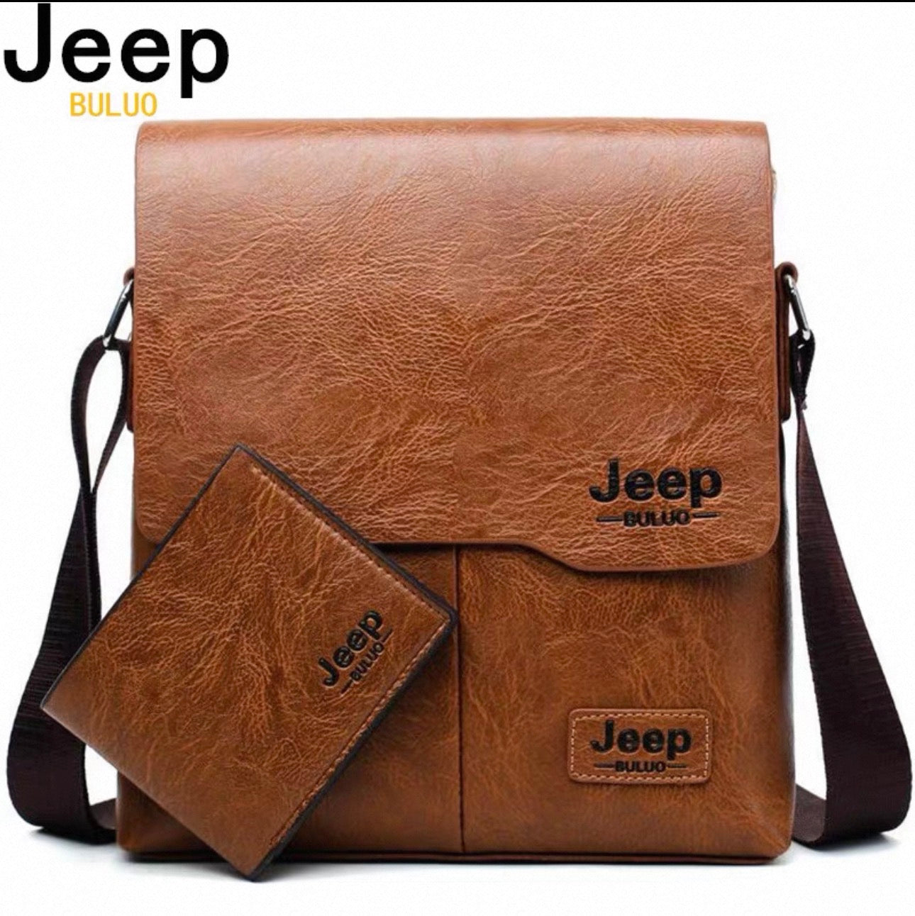 Brown leather bag with Jeep branding on a white background