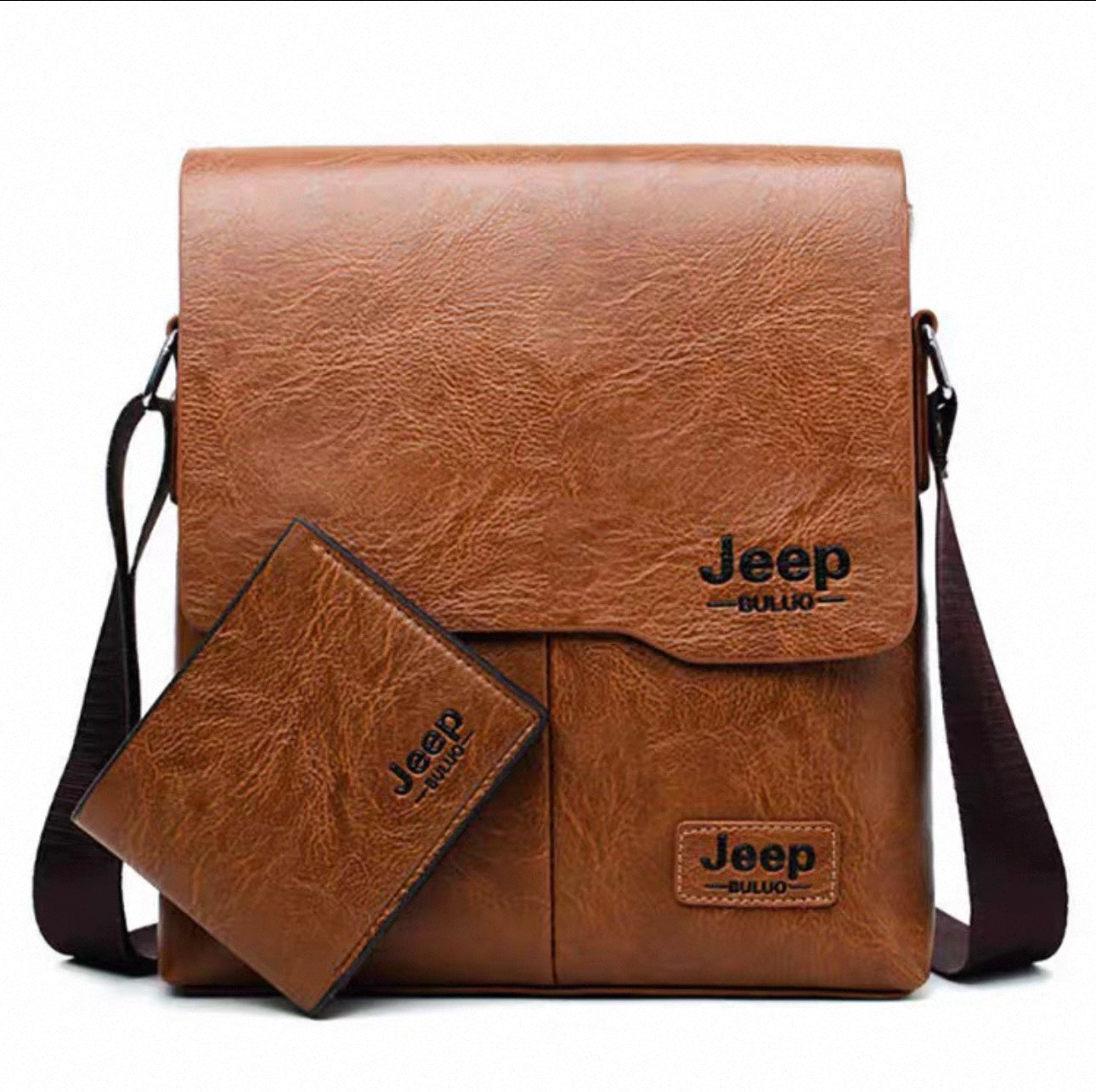 Brown leather bag with Jeep logo on a white background