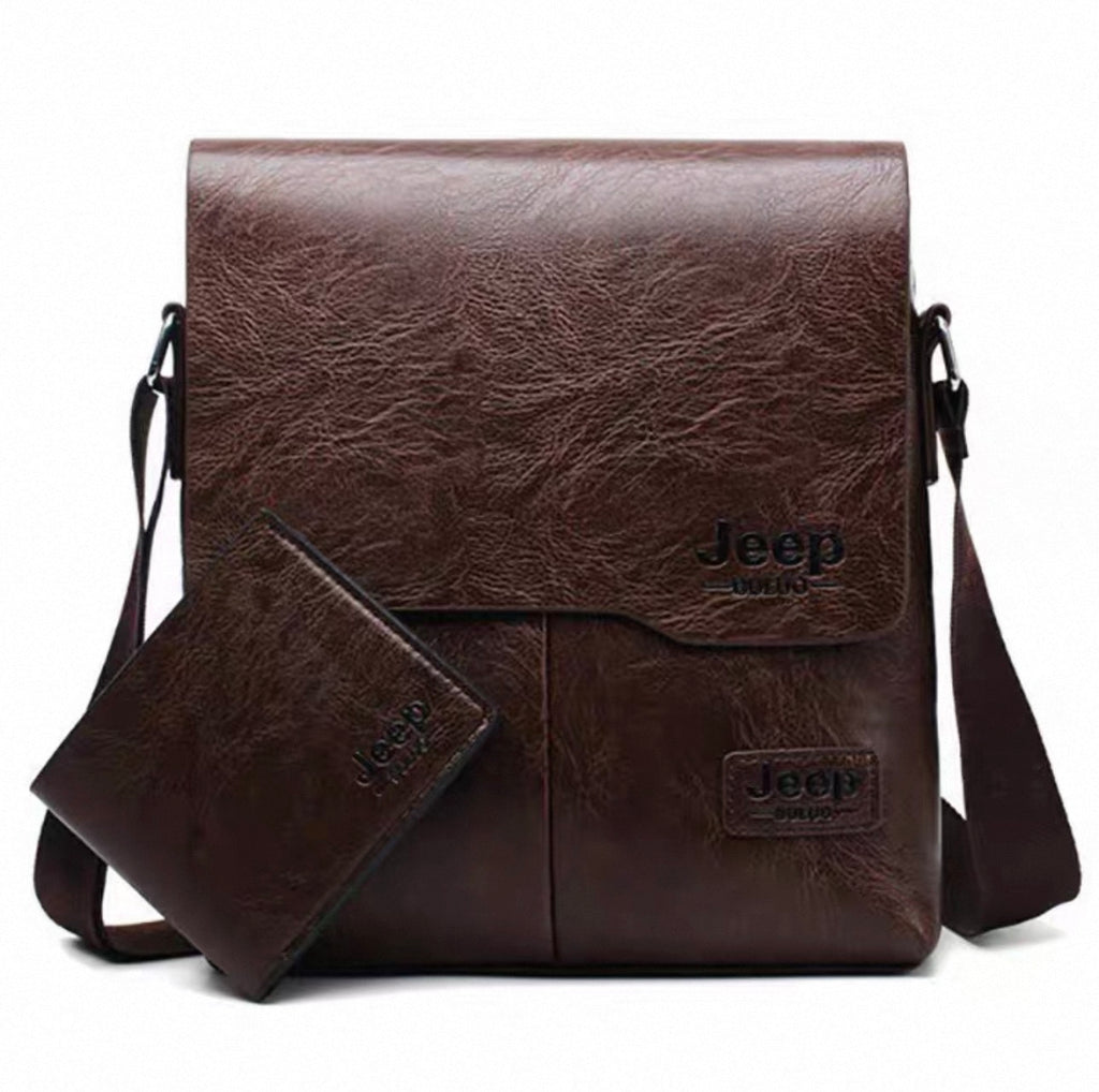 Brown leather crossbody bag with Jeep logo on a white background