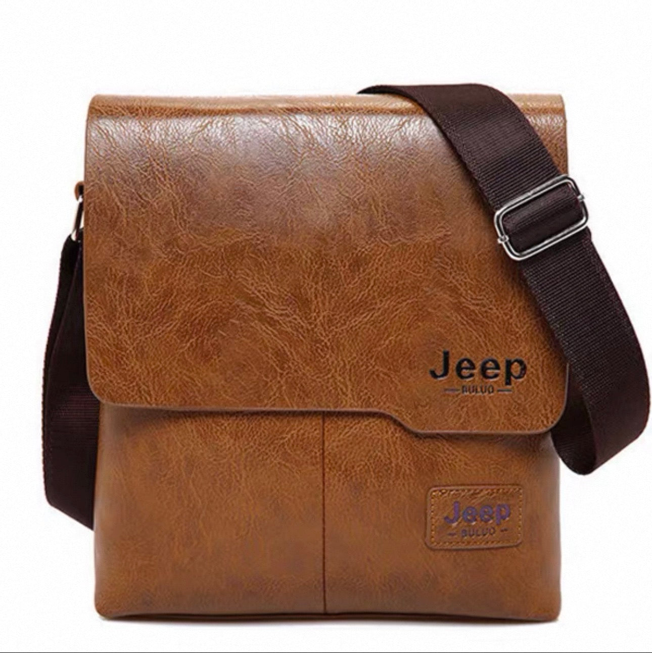 Brown leather shoulder bag with Jeep logo on a white background
