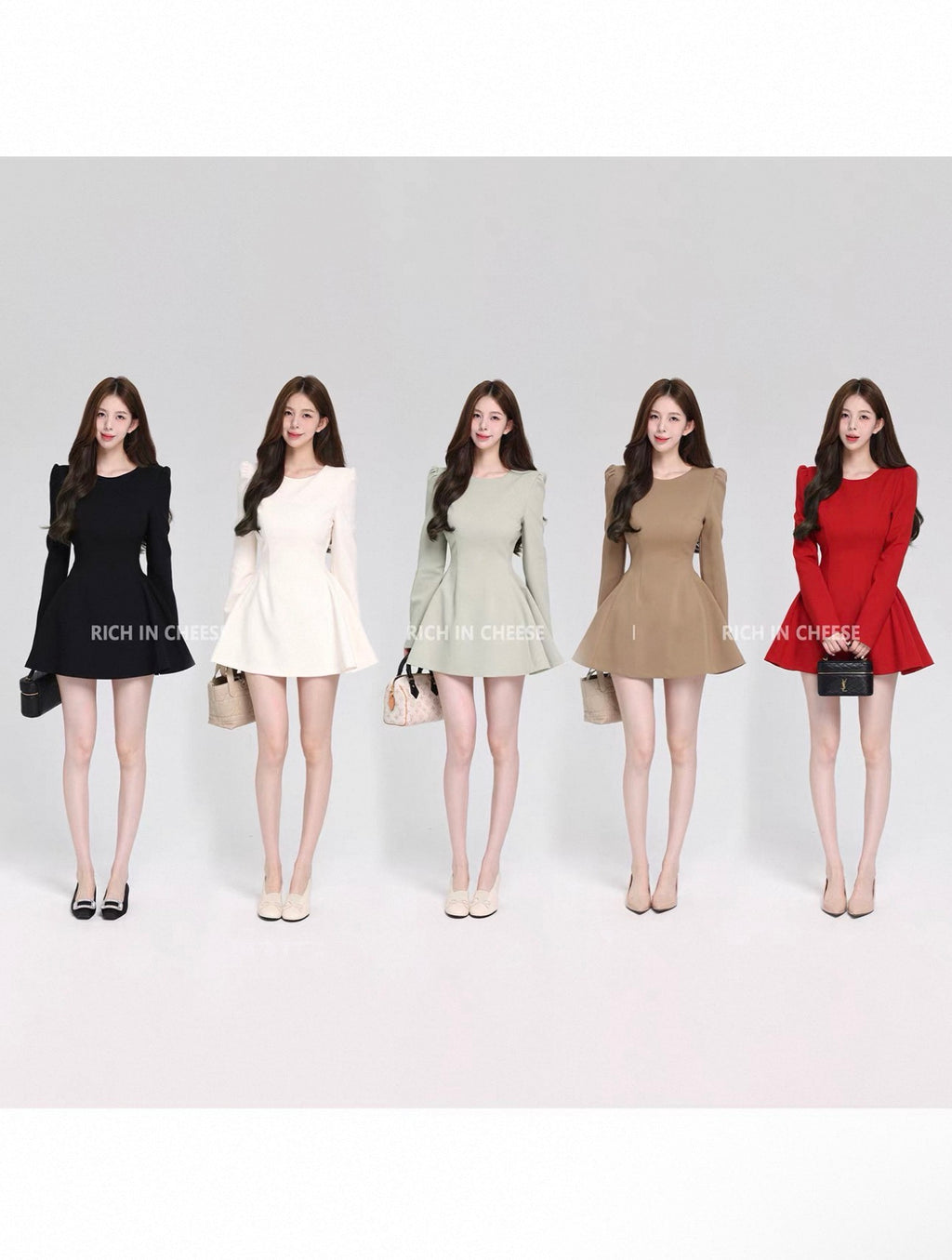 Five women wearing different colored dresses on a white background