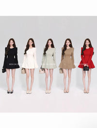 Five women wearing different colored dresses on a white background