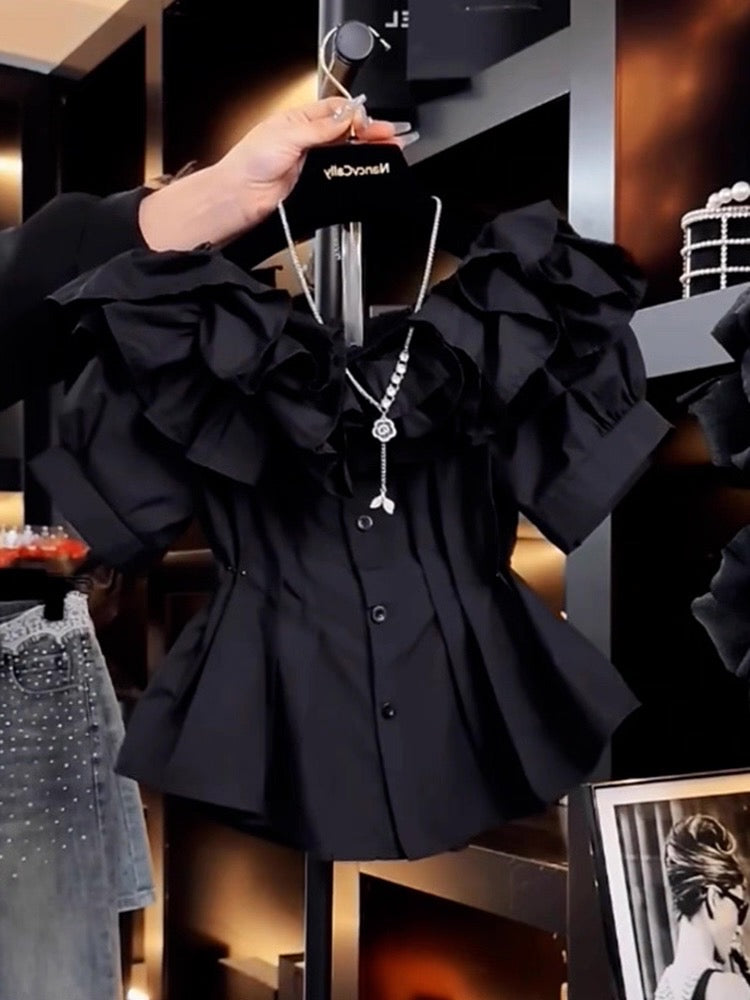 Women's Black Ruffled Blouse Canada | Dramatic Statement Top