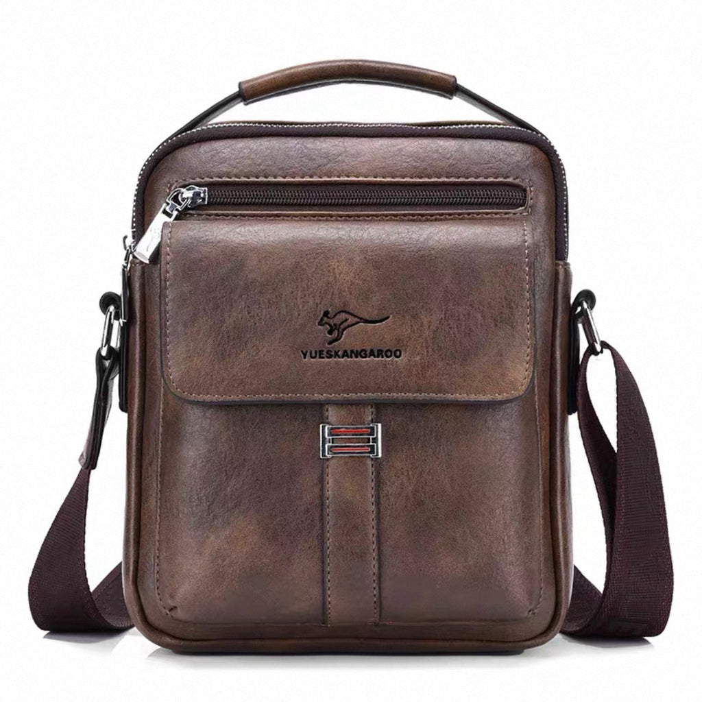 Brown leather crossbody bag with visible brand logo on a white background