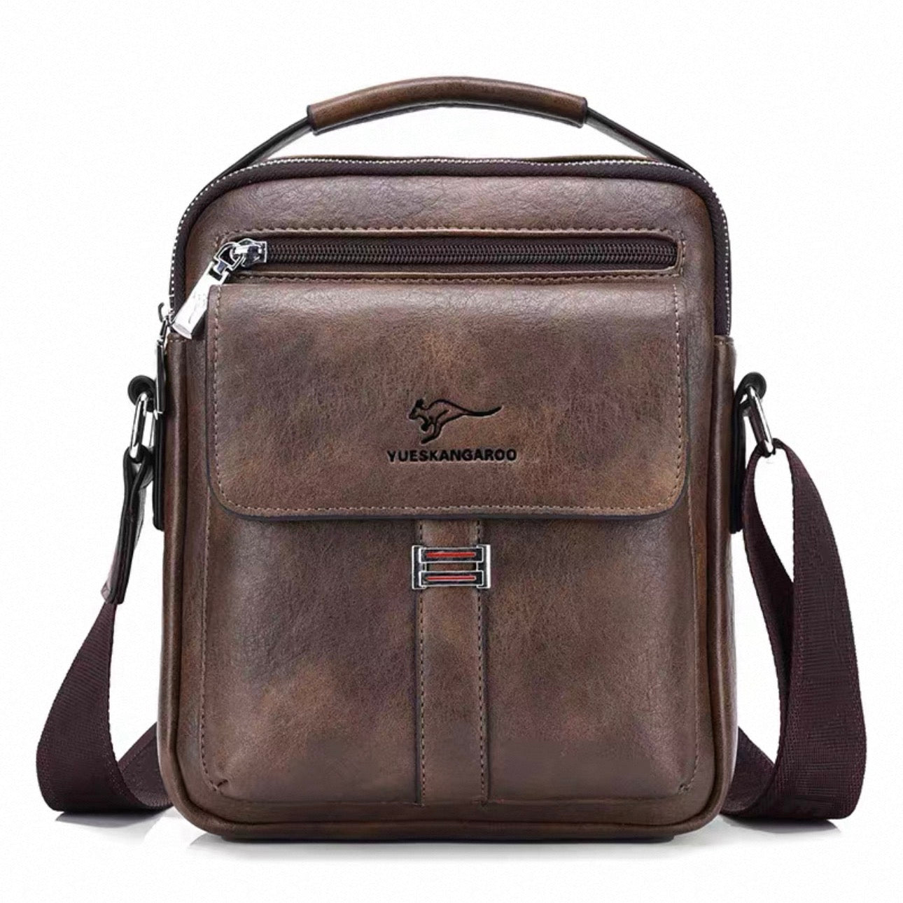 Brown leather crossbody bag with visible brand logo on a white background