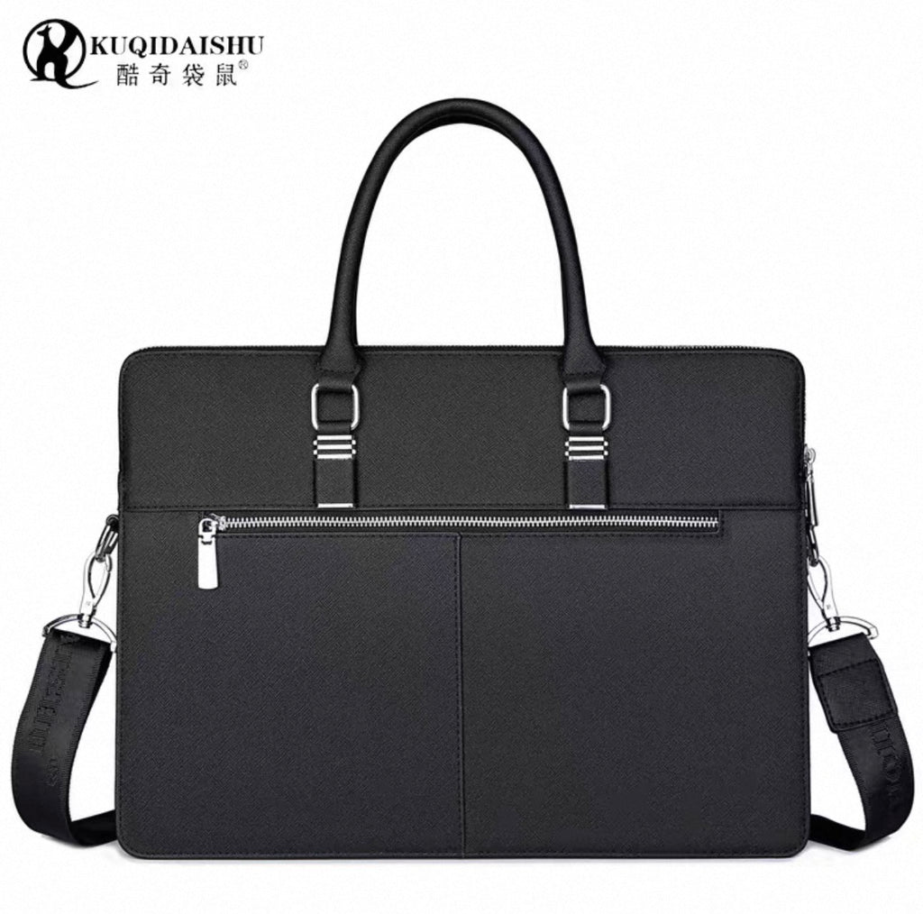 Black briefcase with shoulder strap on a white background, featuring the brand 'KUQIDAISHU'.
