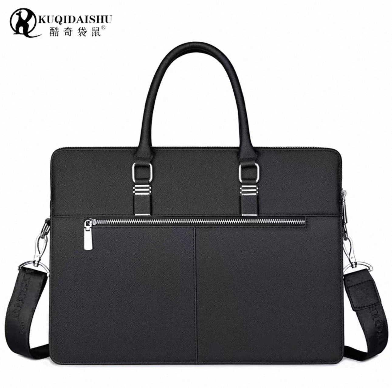Black briefcase with shoulder strap on a white background, featuring the brand 'KUQIDAISHU'.