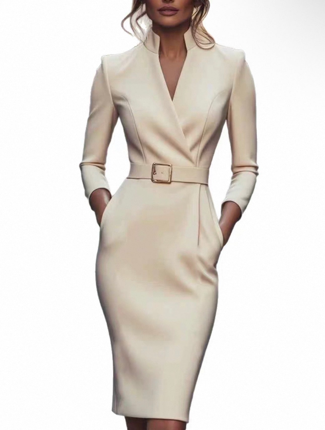 Beige dress with a belt on a white background