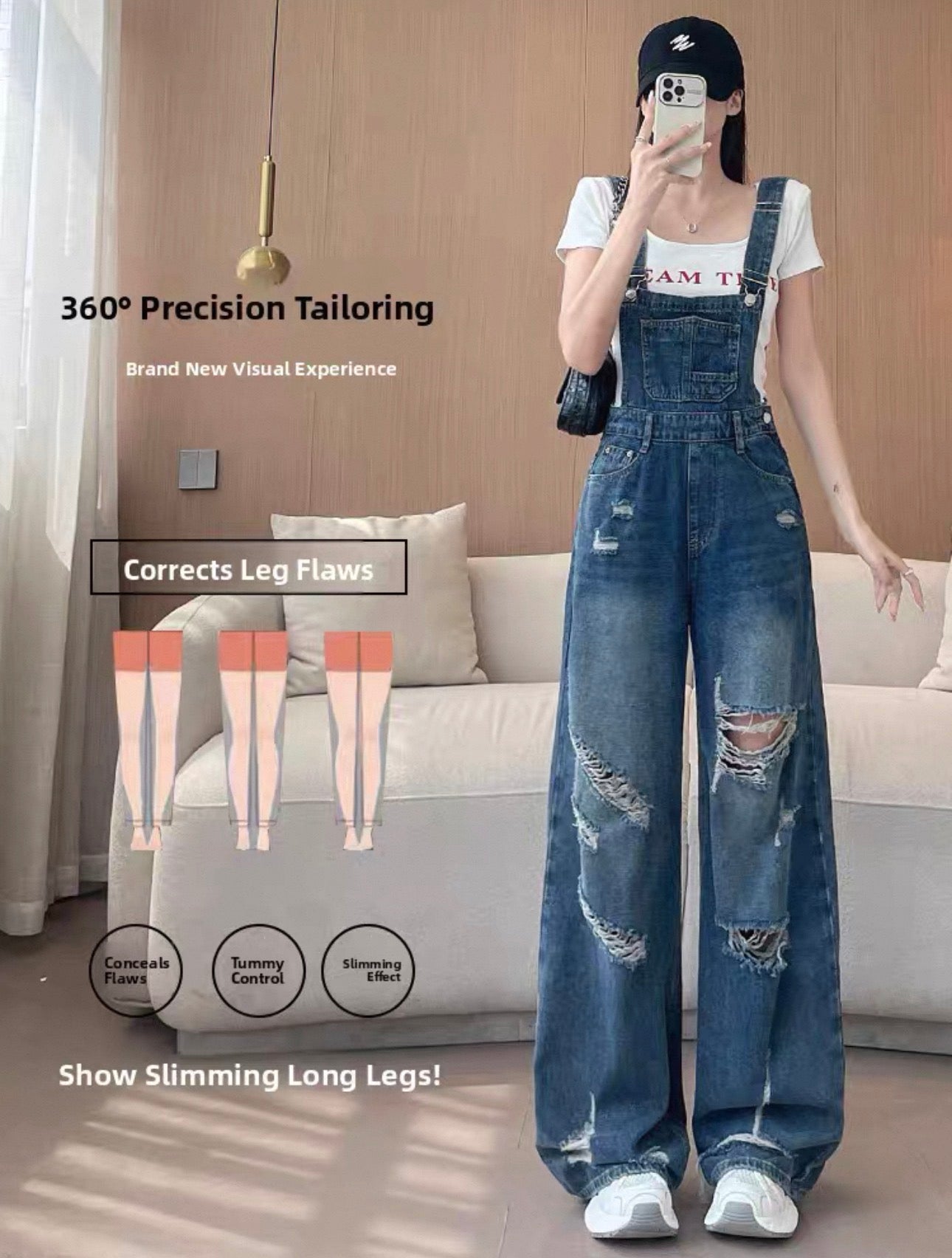 Woman wearing a denim overalls in a living room setting with text about garment features.