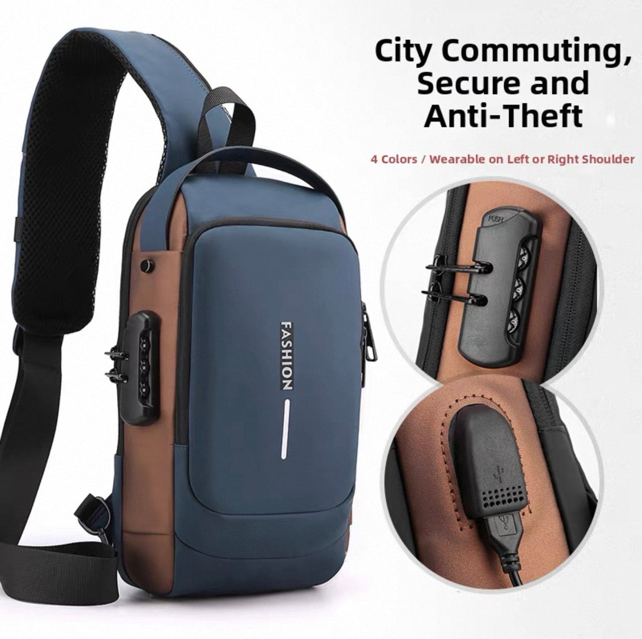 Blue and brown sling bag with security features on a white background
