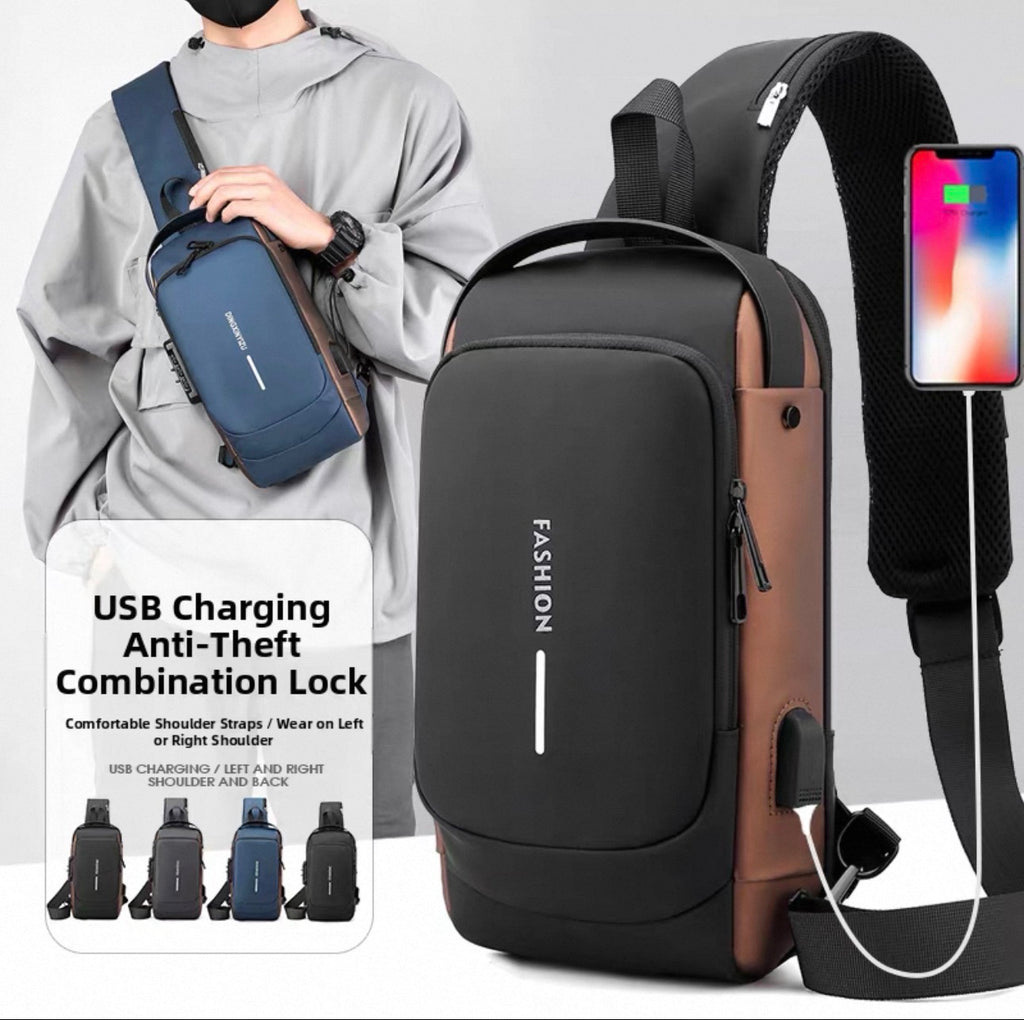 Black crossbody bag with USB charging port and smartphone holder, displayed with a person wearing a gray jacket.