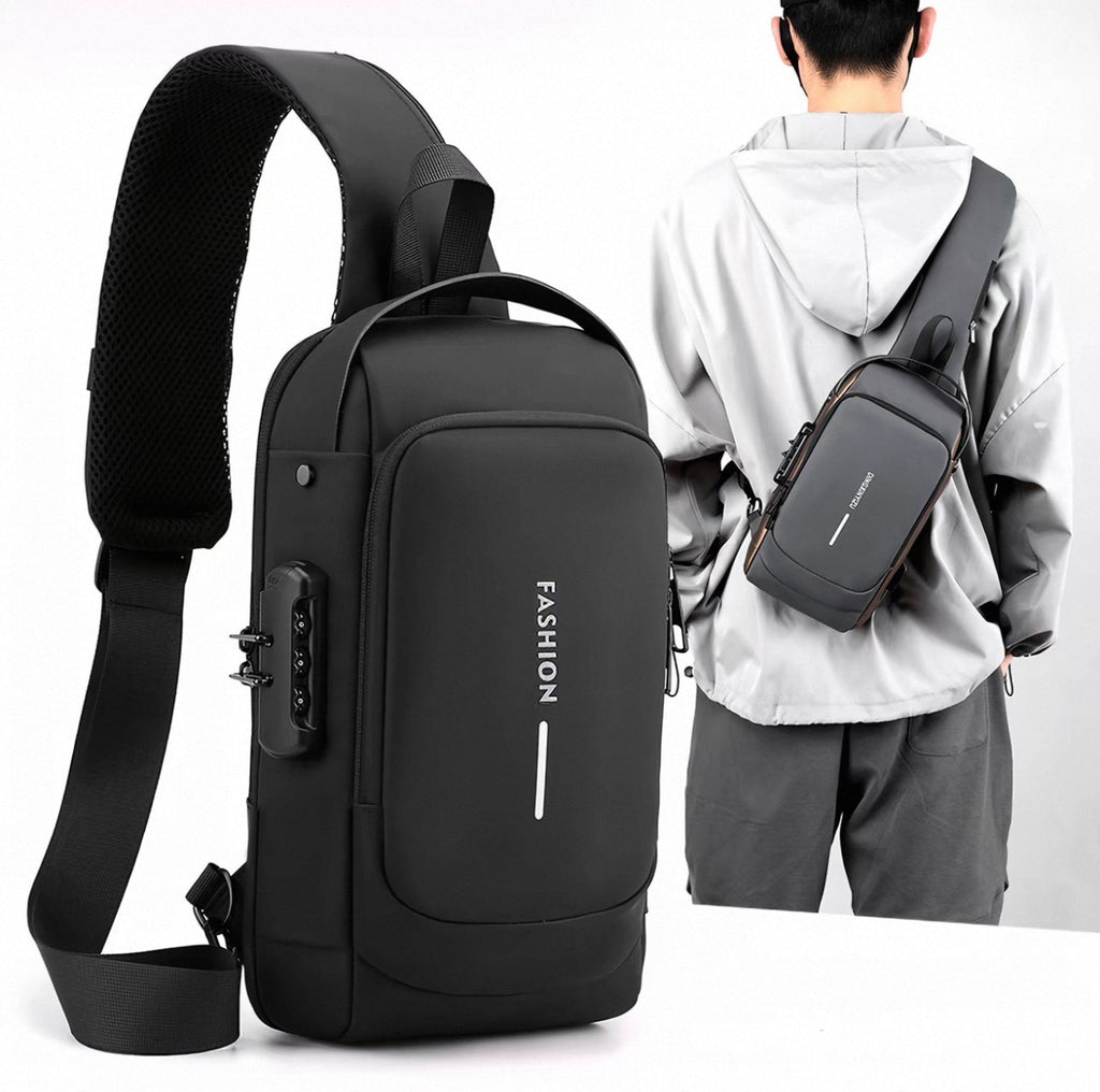 Black fashion sling bag with USB port and person wearing it on a white background