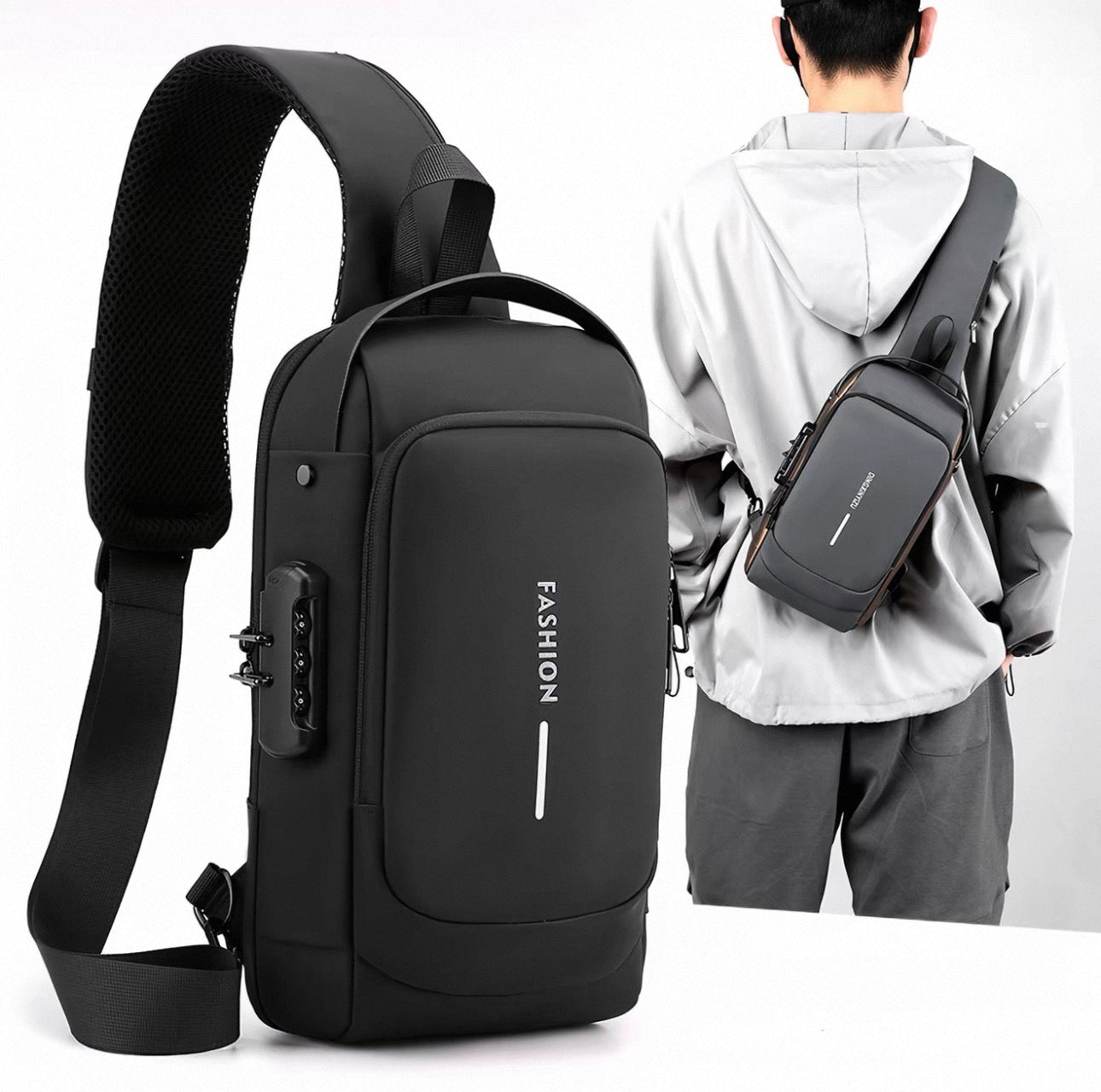 Black fashion sling bag with USB port and person wearing it on a white background
