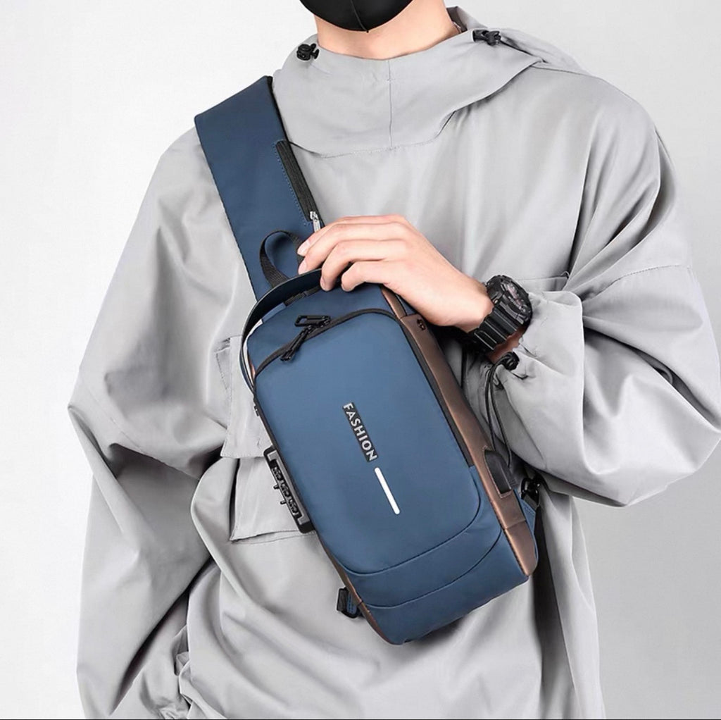Person wearing a gray raincoat holding a blue crossbody bag with 'FASILION' branding.