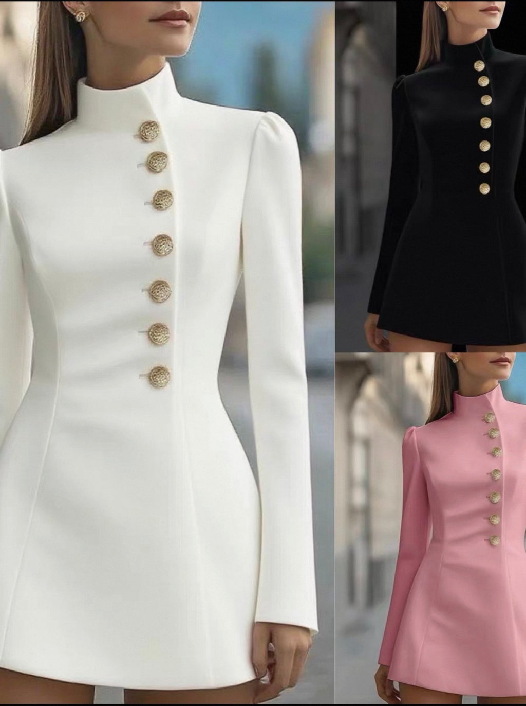Three different colored dresses with button details worn by a model.