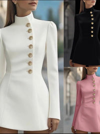 Three different colored dresses with button details worn by a model.