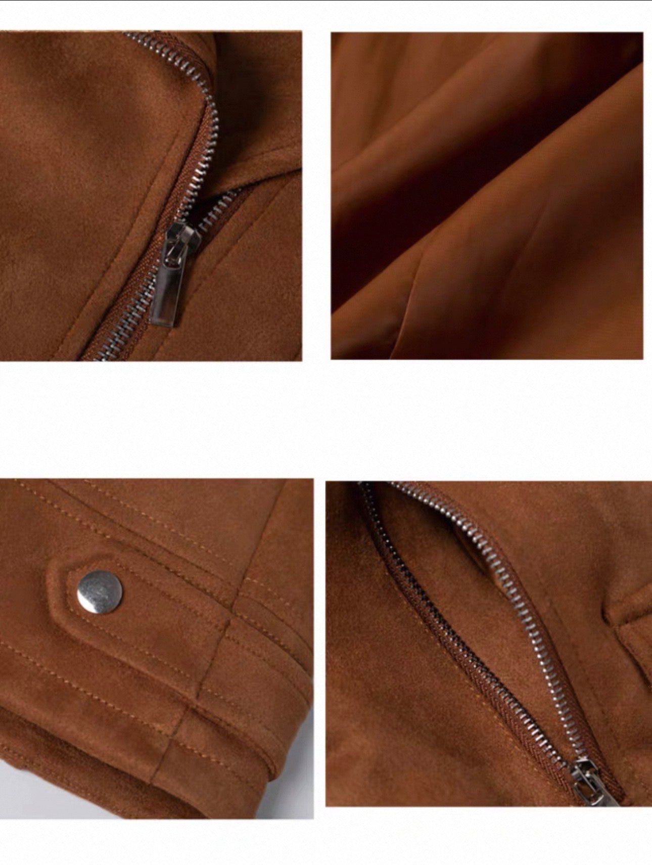 Brown leather jacket with close-up details on a white background