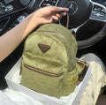Green backpack with brown accents in a box, held by a hand in front of a car's steering wheel.
