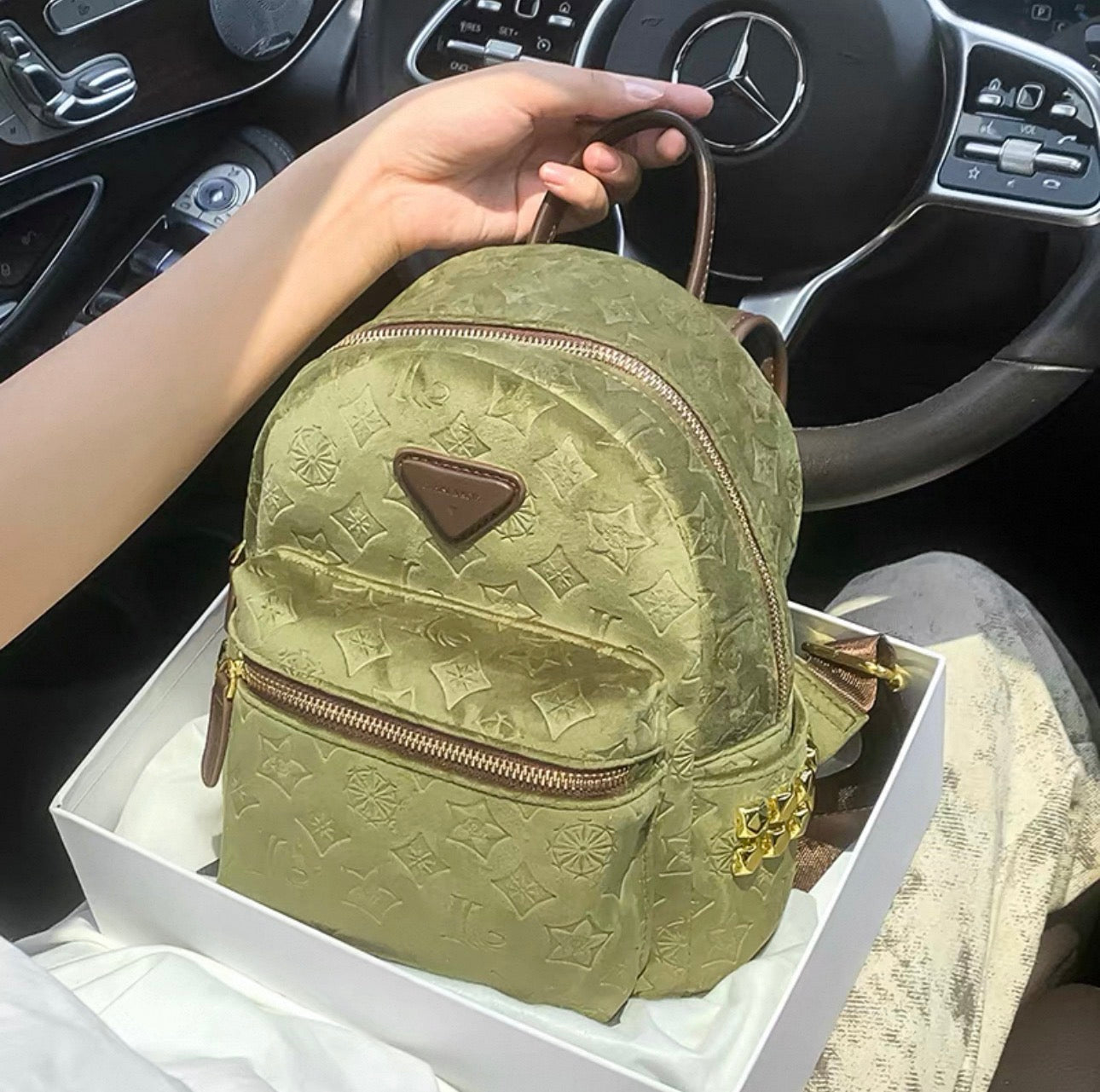 Green backpack with brown accents in a box, held by a hand in front of a car's steering wheel.