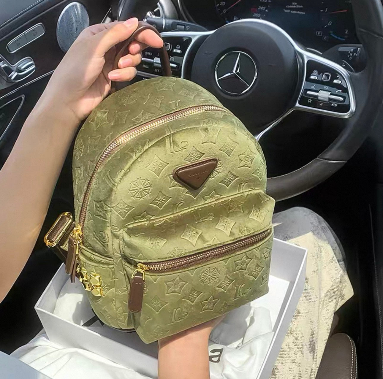 Green textured backpack held by a hand inside a car.