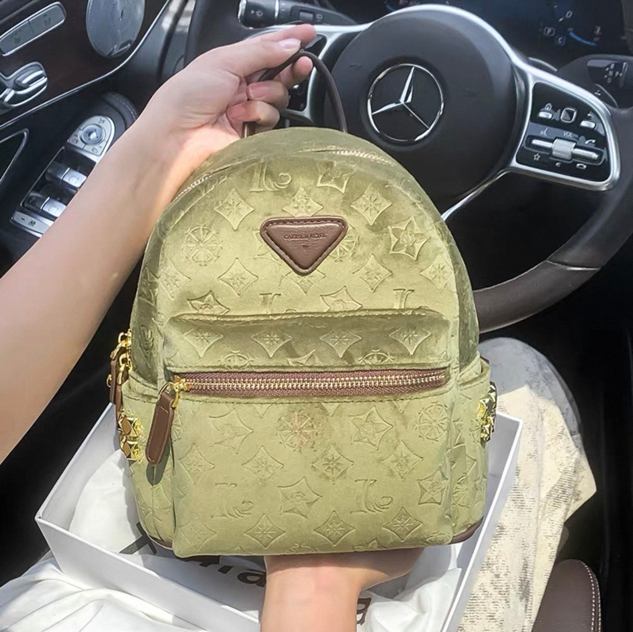 Green backpack with brand logo held by a person inside a car.