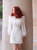 Robe courte en tweed à plumes et col en V pour femme – élégance française, Canada