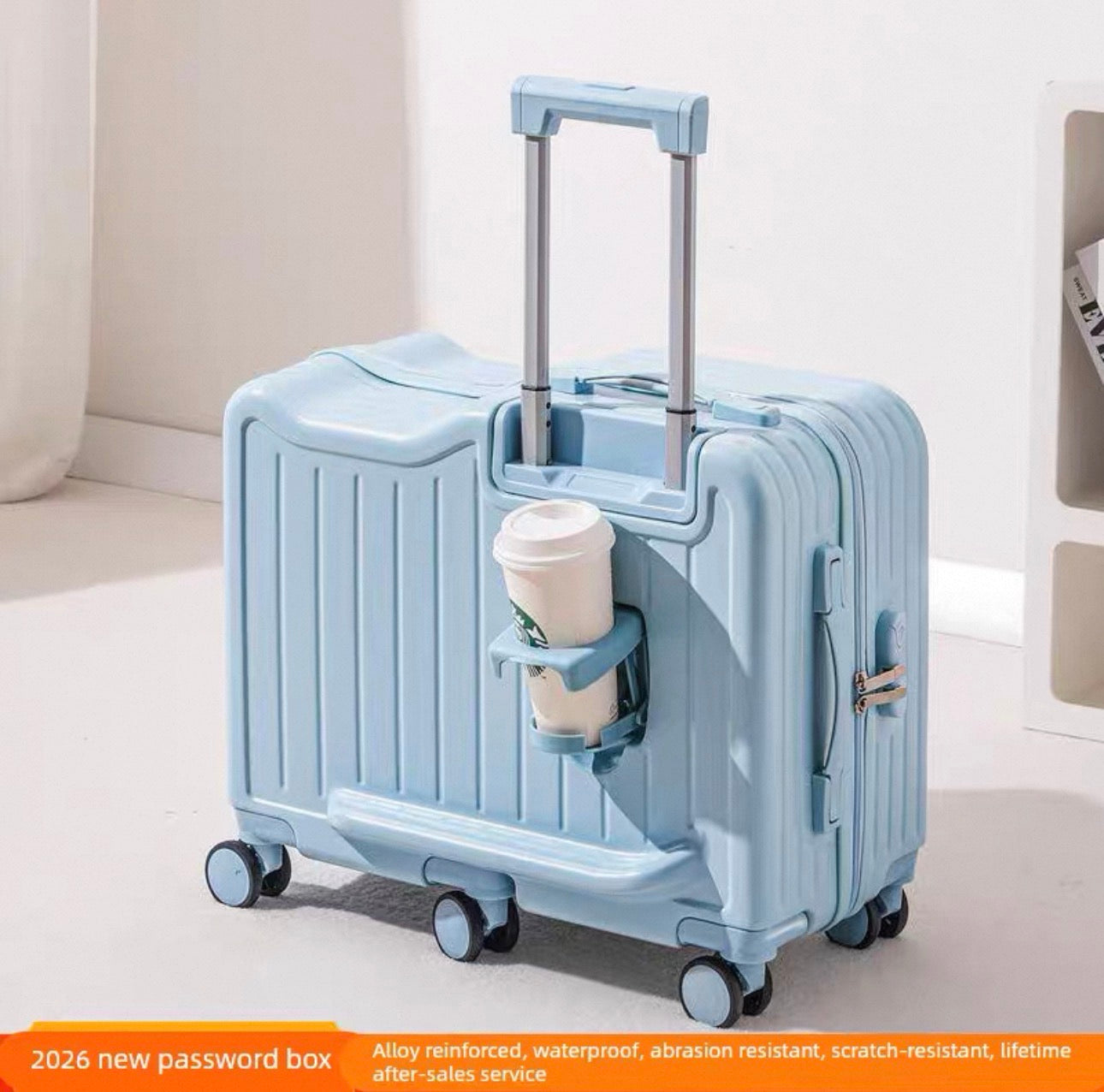 Light blue suitcase with a cup holder containing a coffee cup on a light background