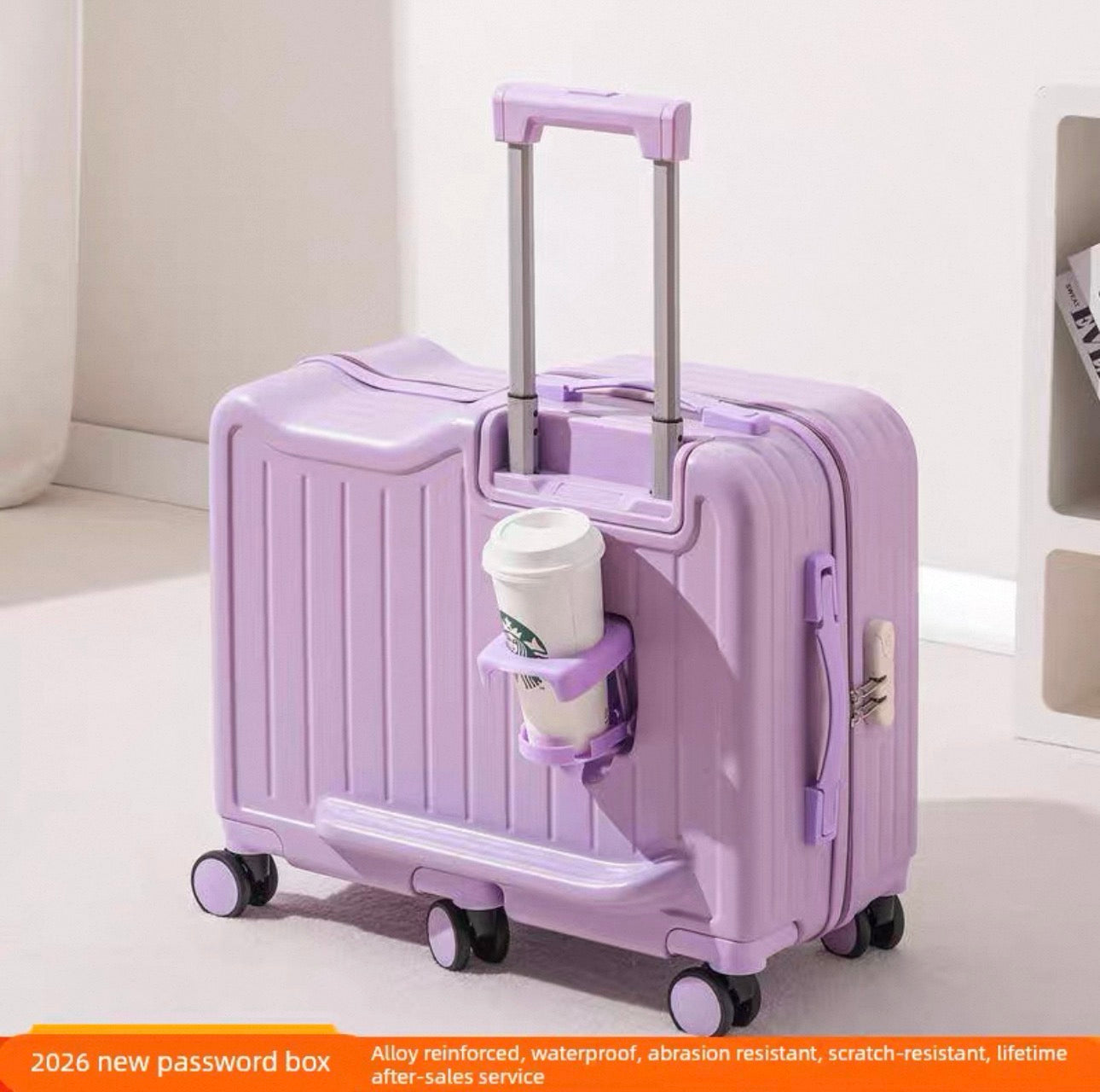 Purple suitcase with a cup holder attached on a white background