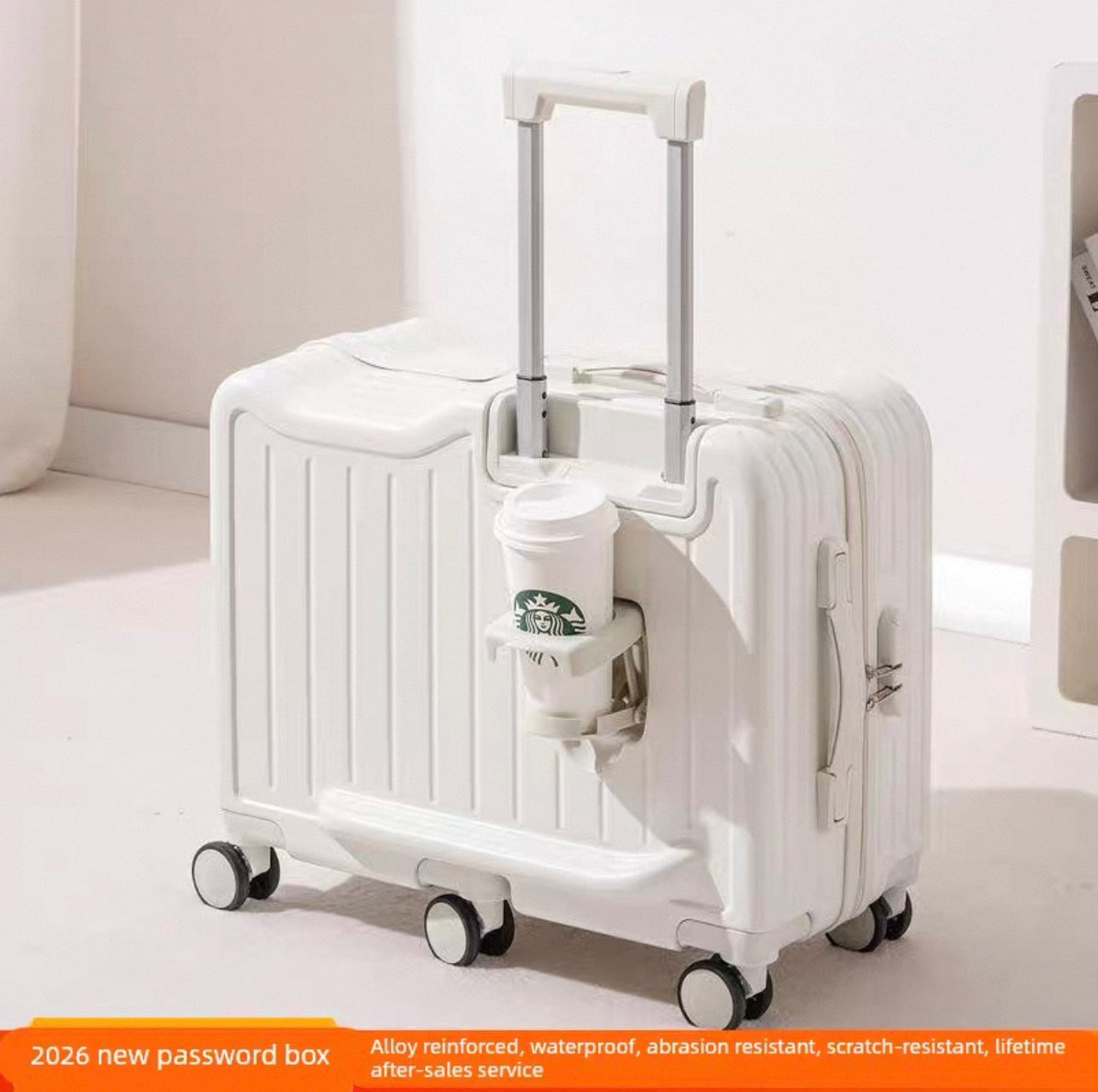 White suitcase with a Starbucks cup attached on a white background