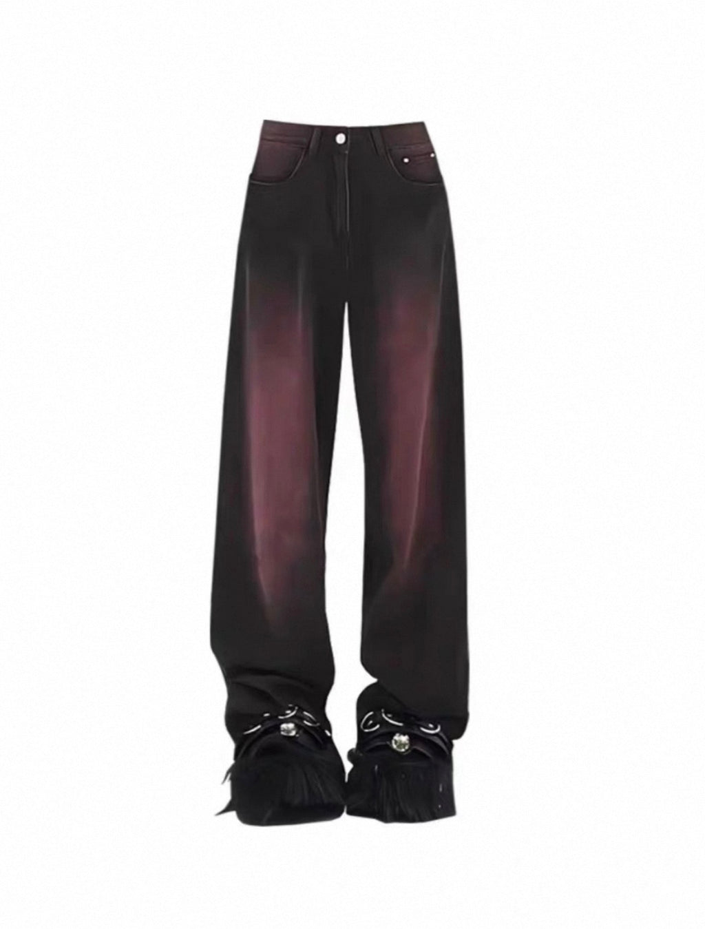 Black pants with fringed details on a white background
