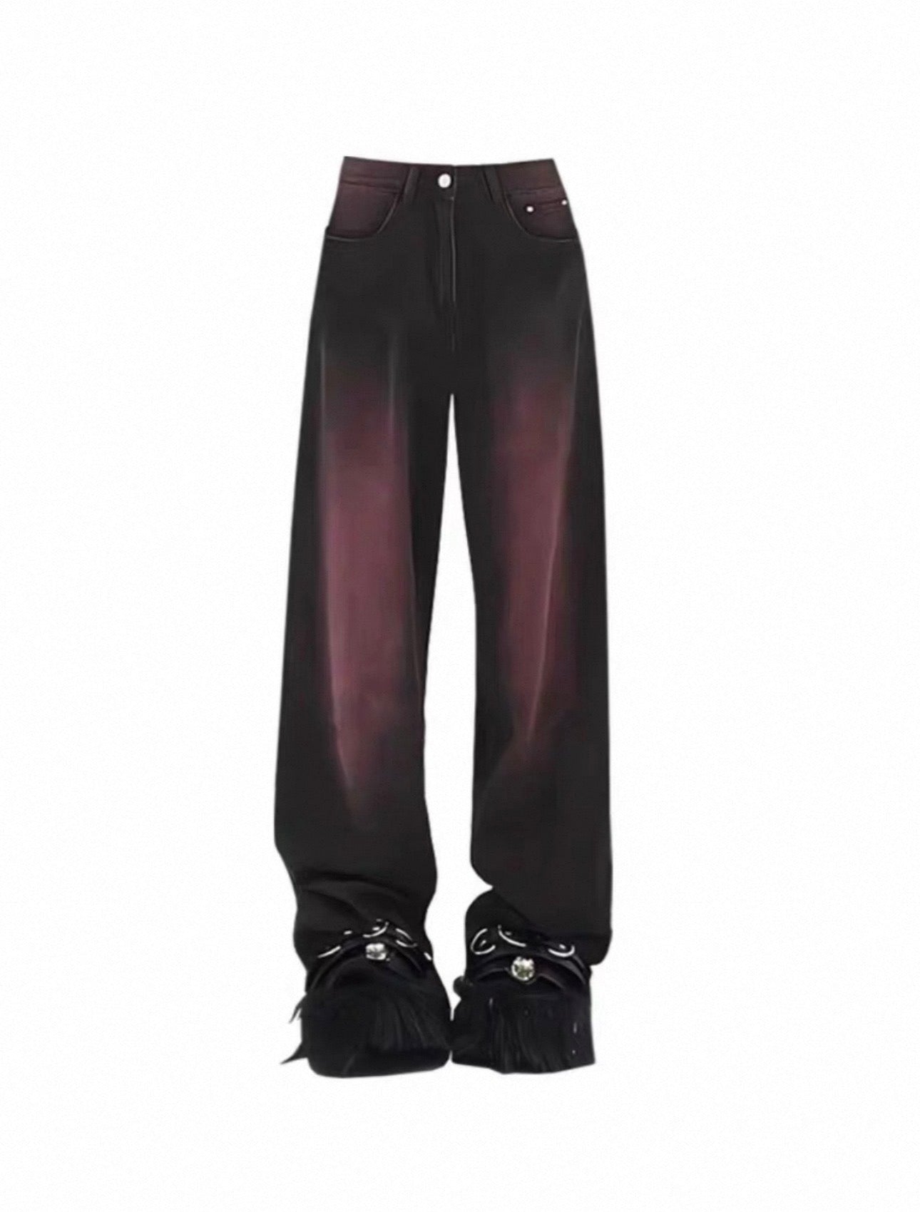 Black pants with fringed details on a white background