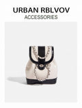 White and black handbag with chain detail on a white background, featuring 'Urban RBLVOV' branding.