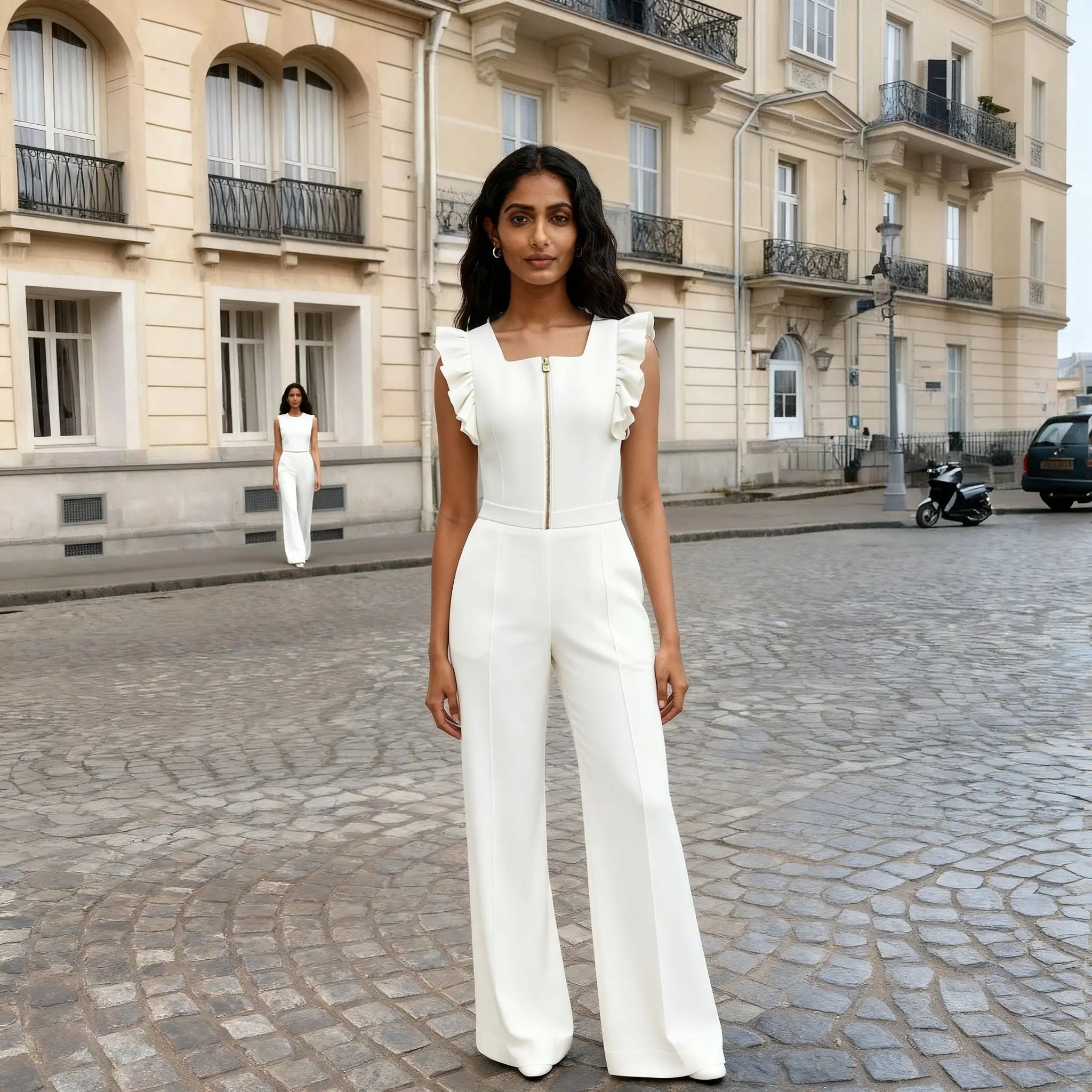 Woman in a white jumpsuit standing on a cobblestone street with a building in the background