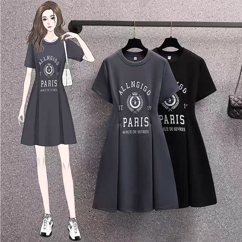 Black dress with 'ALLINGGG PARIS' print displayed on a rack with a woman wearing the dress.