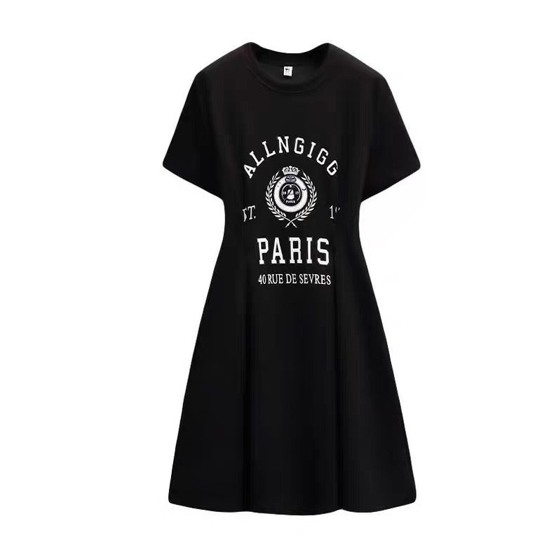 Black dress with white text and design on a white background