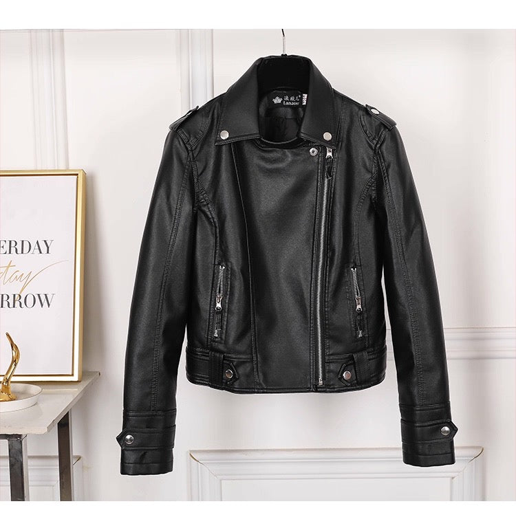 Black leather jacket on a white background