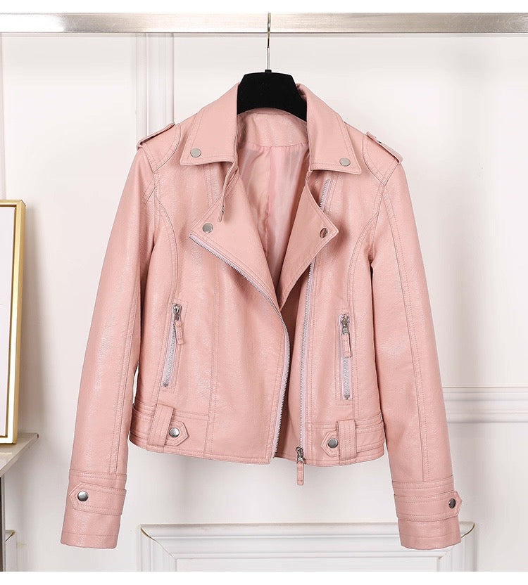 Pink leather jacket on a white background