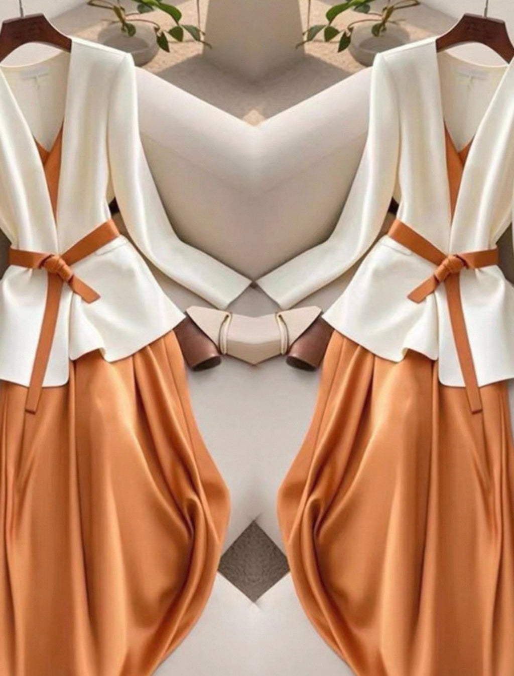 Two white tops with brown belts and pants on hangers against a neutral background.
