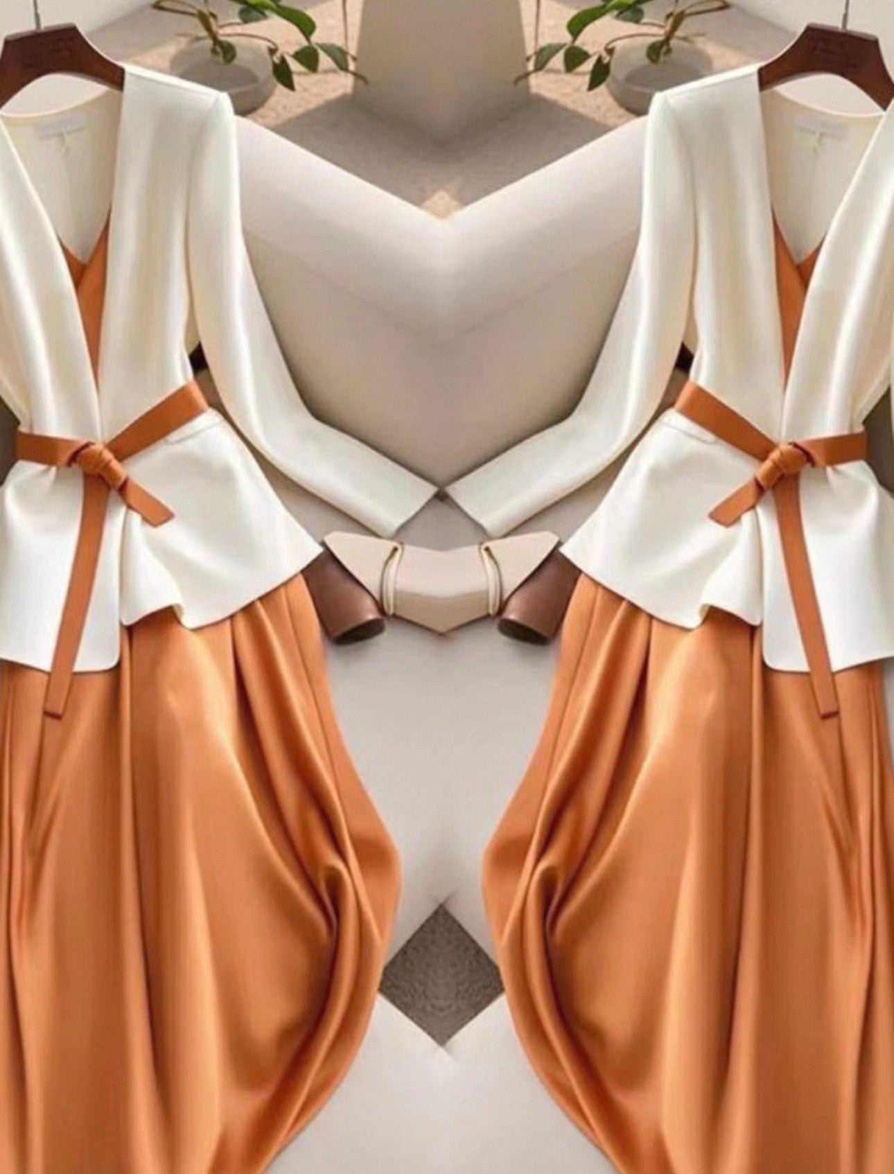 Two white tops with brown belts and pants on hangers against a neutral background.