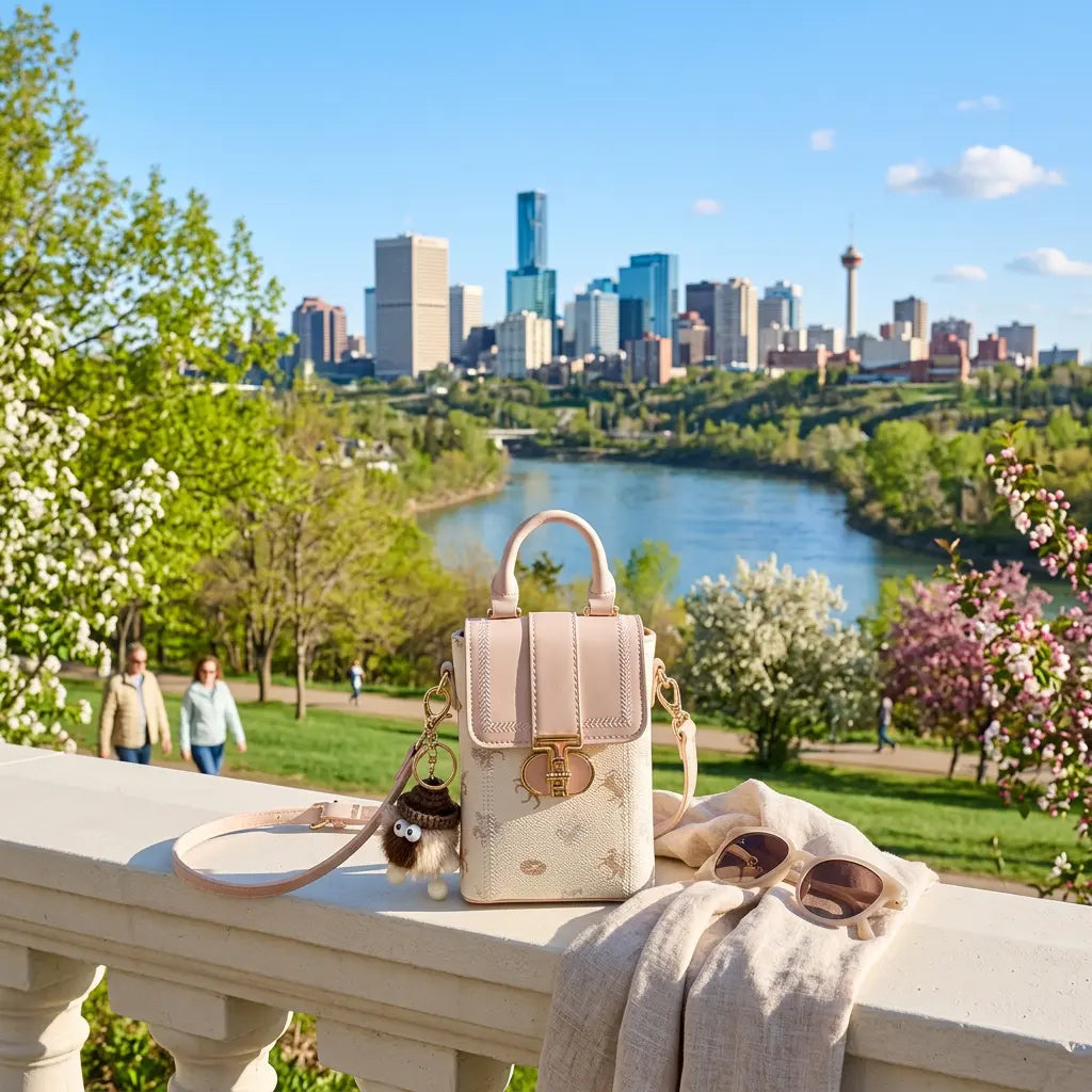 Pink handbag with sunglasses on a ledge overlooking a city skyline with a river and greenery.