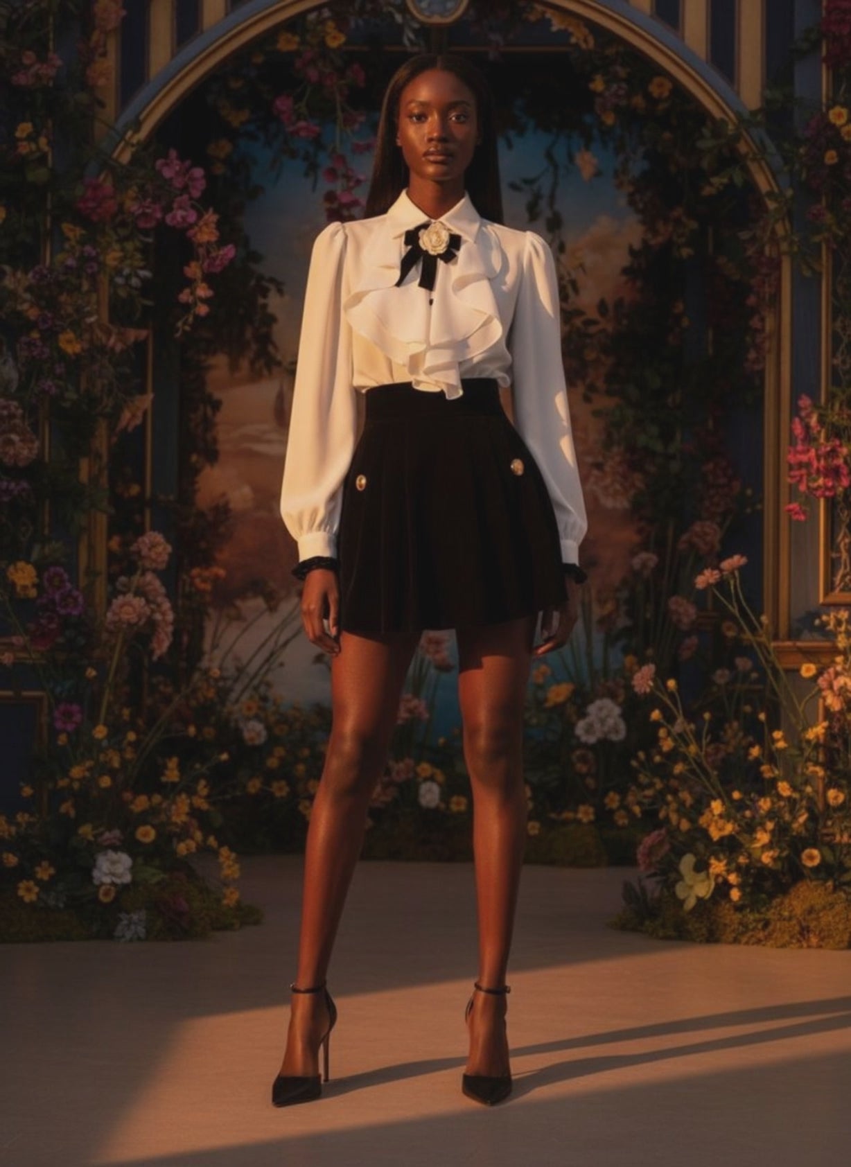 Ensemble Blouse Blanche à Volants et Jupe Plissée Noire Femme | Canada