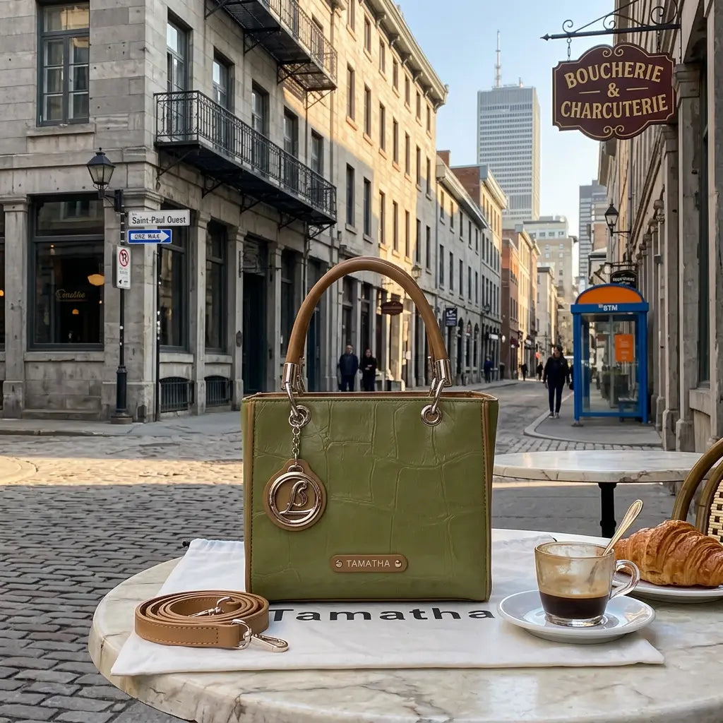 Green handbag on a table with coffee and croissant in an urban setting