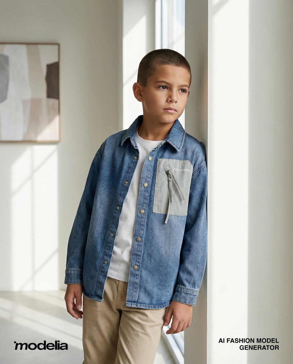 Child wearing a denim jacket in a bright room with modern decor