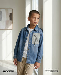 Child wearing a denim jacket in a bright room with modern decor