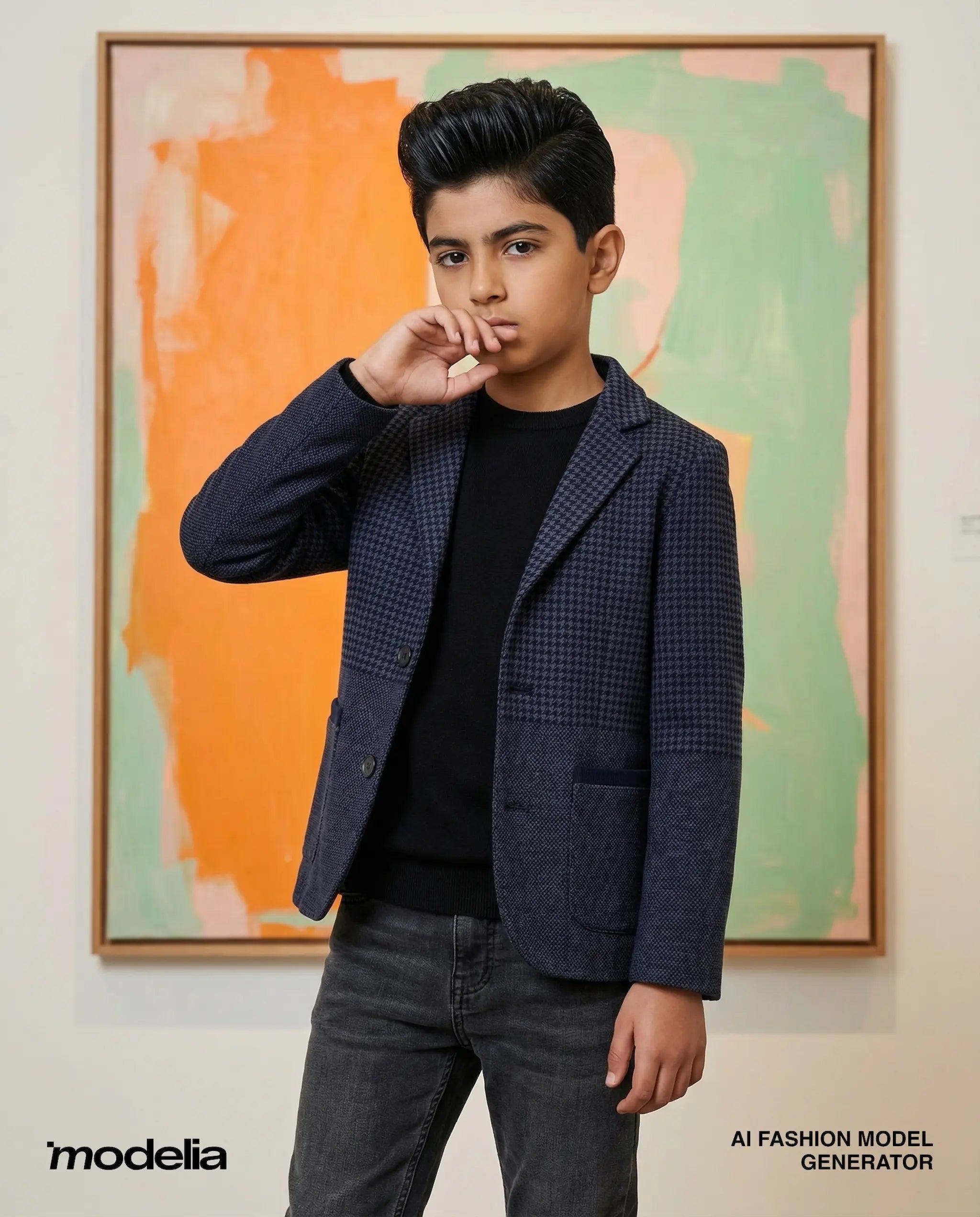 Young man wearing a navy blazer in front of a colorful abstract painting, with 'modelia' branding.