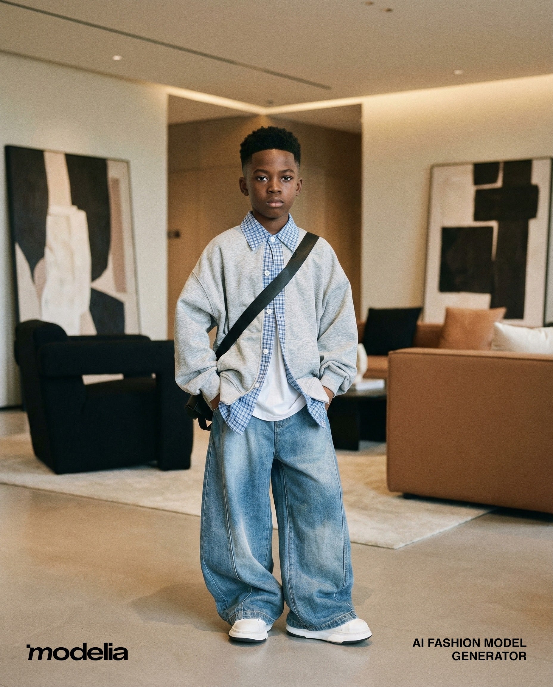 Person wearing a light gray sweater, plaid shirt, and blue jeans in a modern living room.